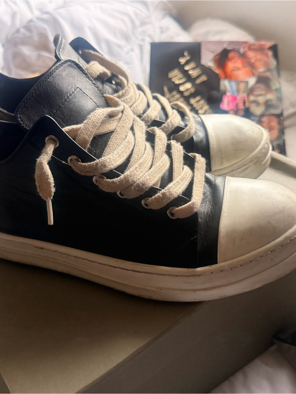 Rick Owens Black Leather Low-Top Sneakers with Cream Laces
